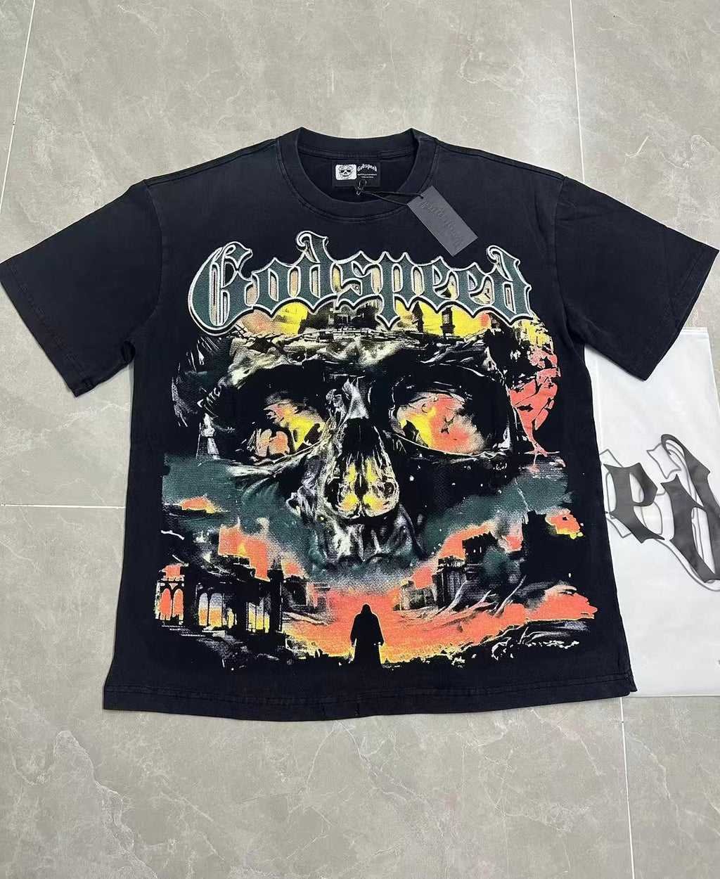 Godspeed Washed Black Skull Graphic T-Shirt — context