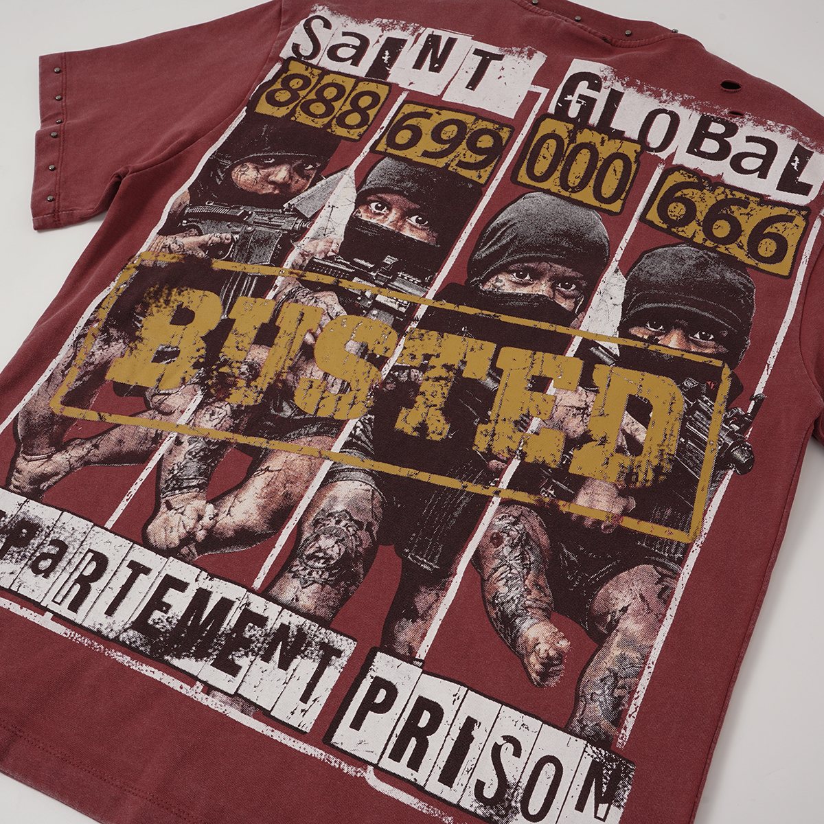 SAINT Rhinestone Distressed Graphic T-Shirt — detail