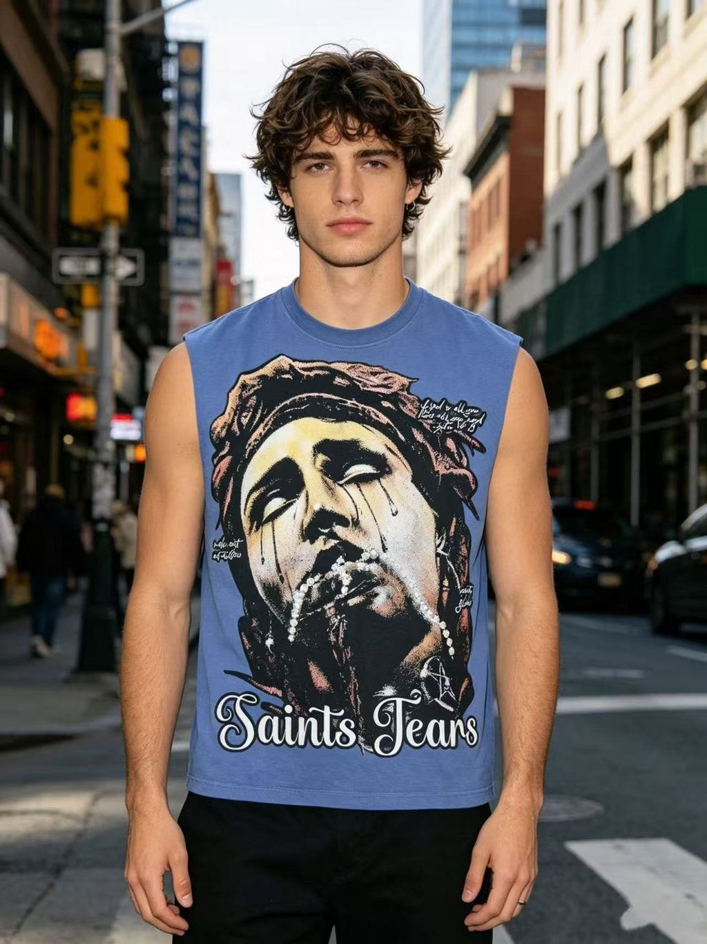 SAINT Tears & Crucifix Graphic Sleeveless T-Shirt — model