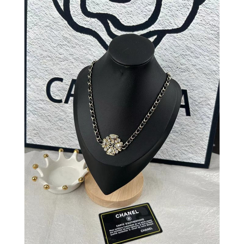Chanel Black Leather Flower 18K Gold Necklace