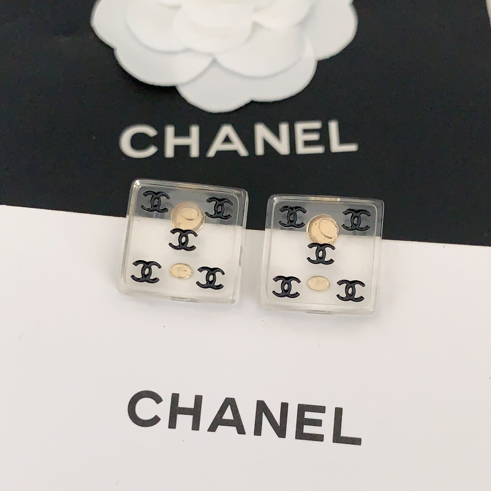 Chanel Transparent Resin 18K Gold Earrings