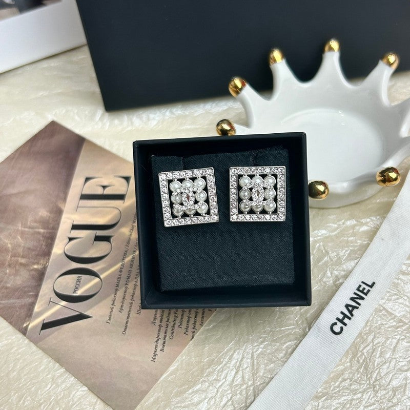 Chanel Diamond & Pearl Square 18K Gold Earrings