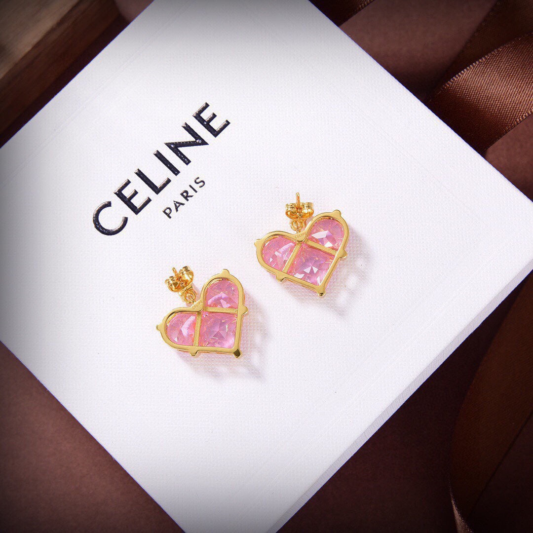 Celine Pink Crystal Heart 18K Gold Earrings