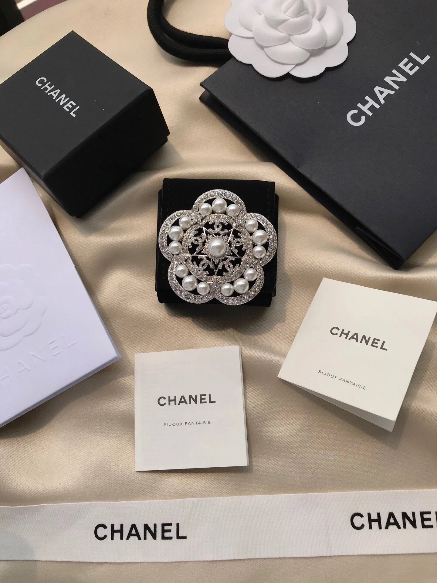 Chanel Camellia Pearls 18K Gold Brooch